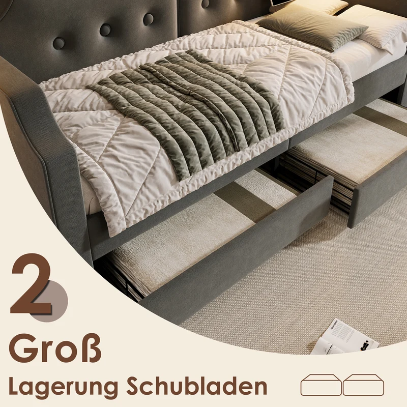 Lit banquette 90x200 cm velours gris avec USB Type-C, liseuse et 2 tiroirs – Cadre robuste, lit d’appoint ou enfant, sans matelas