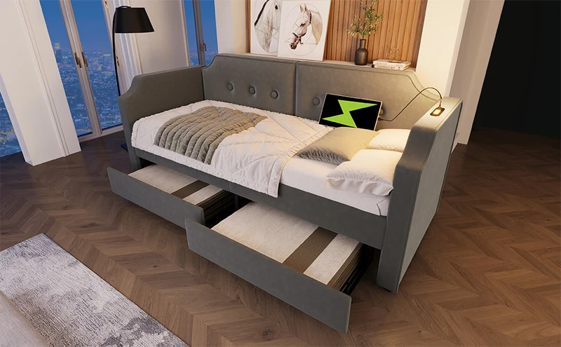 Lit banquette 90x200 cm velours gris avec USB Type-C, liseuse et 2 tiroirs – Cadre robuste, lit d’appoint ou enfant, sans matelas