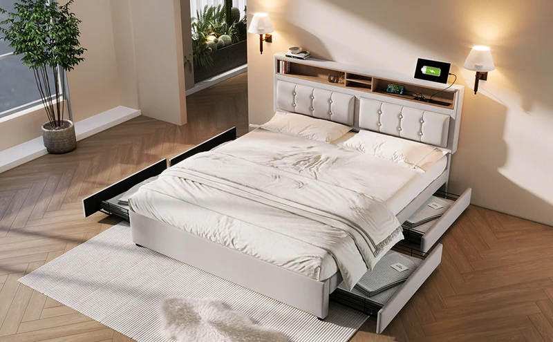 Lit double 140x200cm avec 4 tiroirs, tête de lit réglable, ports USB-C, tissu beige, sommier bois