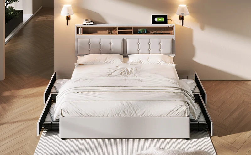 Lit double 140x200cm avec 4 tiroirs, tête de lit réglable, ports USB-C, tissu beige, sommier bois