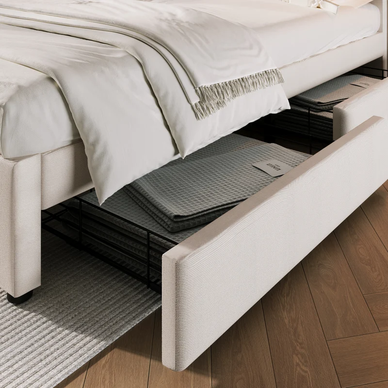 Lit double 140x200cm avec 4 tiroirs, tête de lit réglable, ports USB-C, tissu beige, sommier bois
