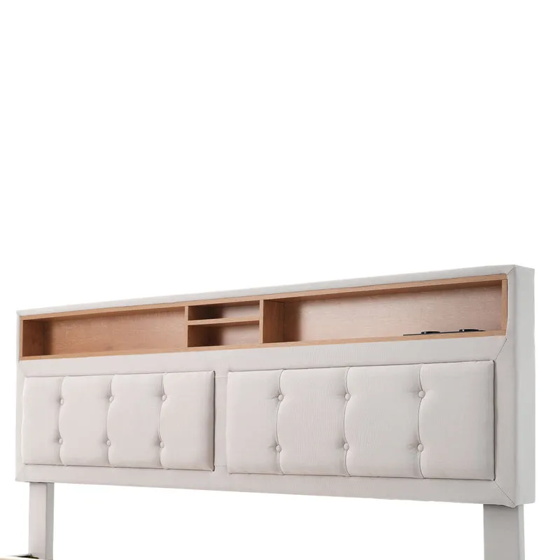 Lit double 140x200cm avec 4 tiroirs, tête de lit réglable, ports USB-C, tissu beige, sommier bois