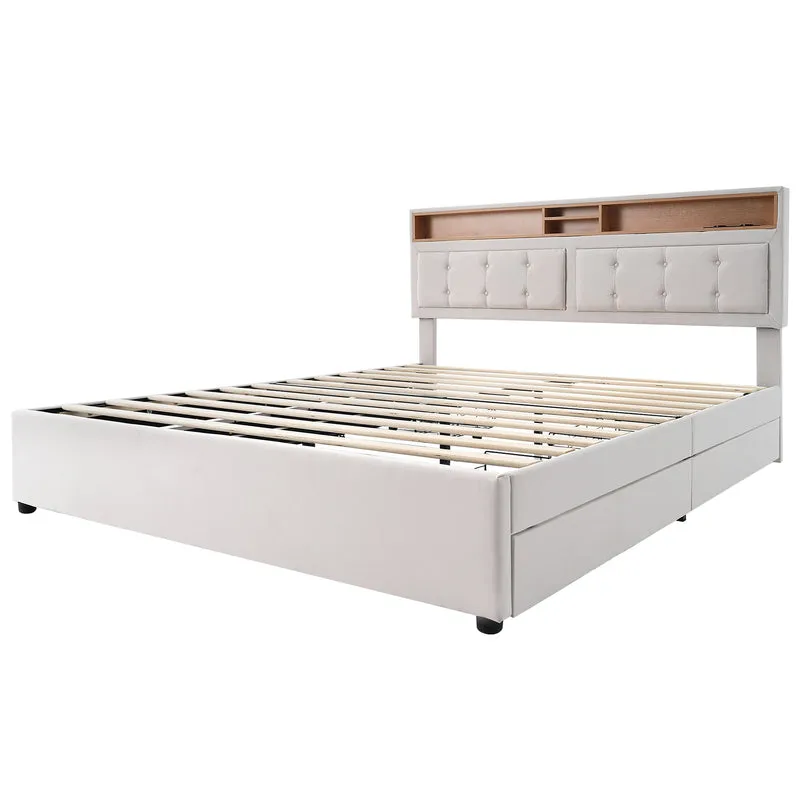 Lit double 140x200cm avec 4 tiroirs, tête de lit réglable, ports USB-C, tissu beige, sommier bois