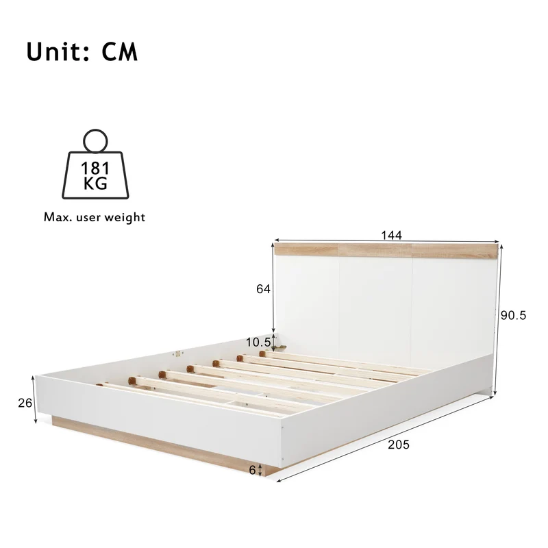 Lit double 140x200 cm bois chêne Sonoma/Blanc avec tête de lit flottante, sommier inclus, style moderne