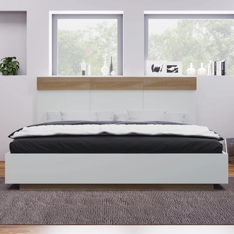 Lit double 140x200 cm bois chêne Sonoma/Blanc avec tête de lit flottante, sommier inclus, style moderne
