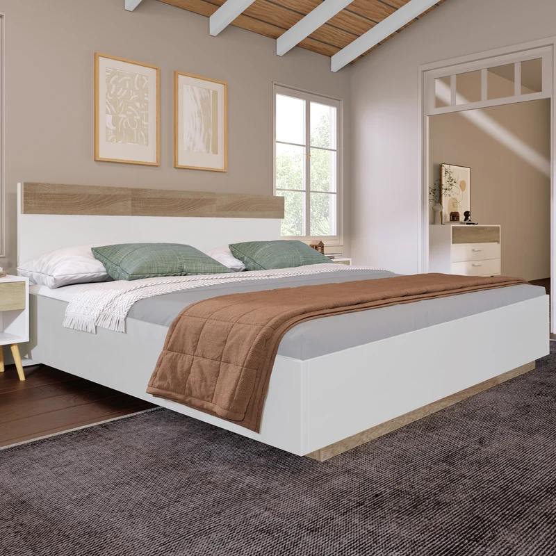 Lit double 140x200 cm bois chêne Sonoma/Blanc avec tête de lit flottante, sommier inclus, style moderne