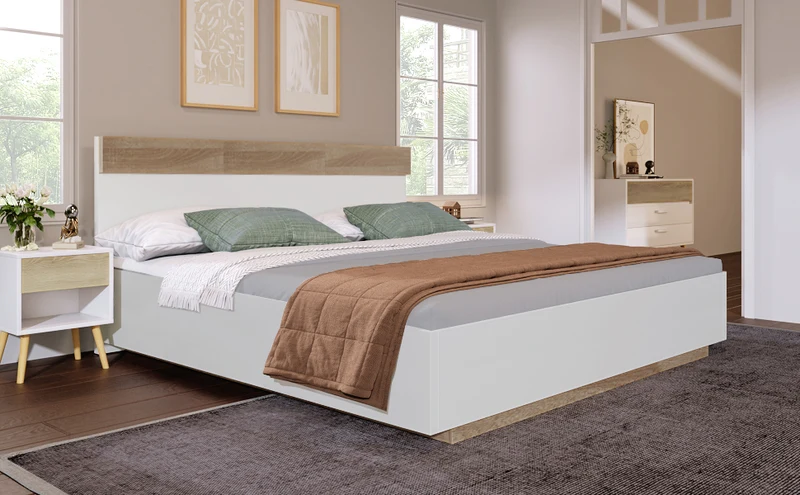 Lit double 140x200 cm bois chêne Sonoma/Blanc avec tête de lit flottante, sommier inclus, style moderne