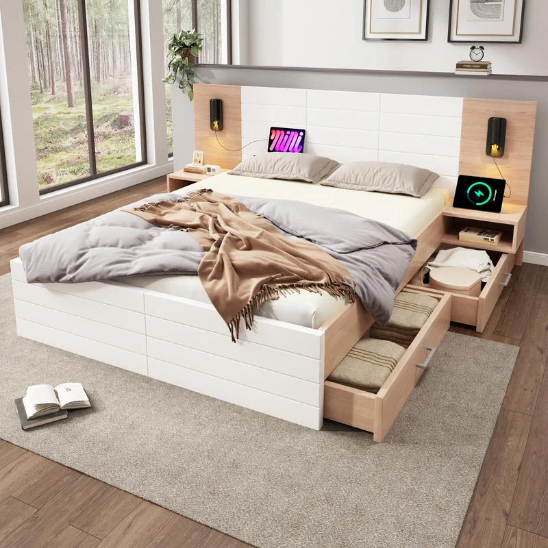 Lit queen effet bois et blanc avec 2 tiroirs, LED & USB, 2 tables de chevet 160x200cm INFINITEINFIN