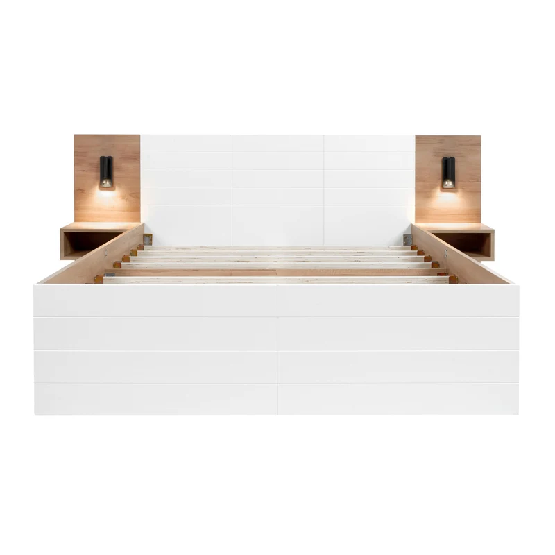 Lit queen effet bois et blanc avec 2 tiroirs, LED & USB, 2 tables de chevet 160x200cm INFINITEINFIN