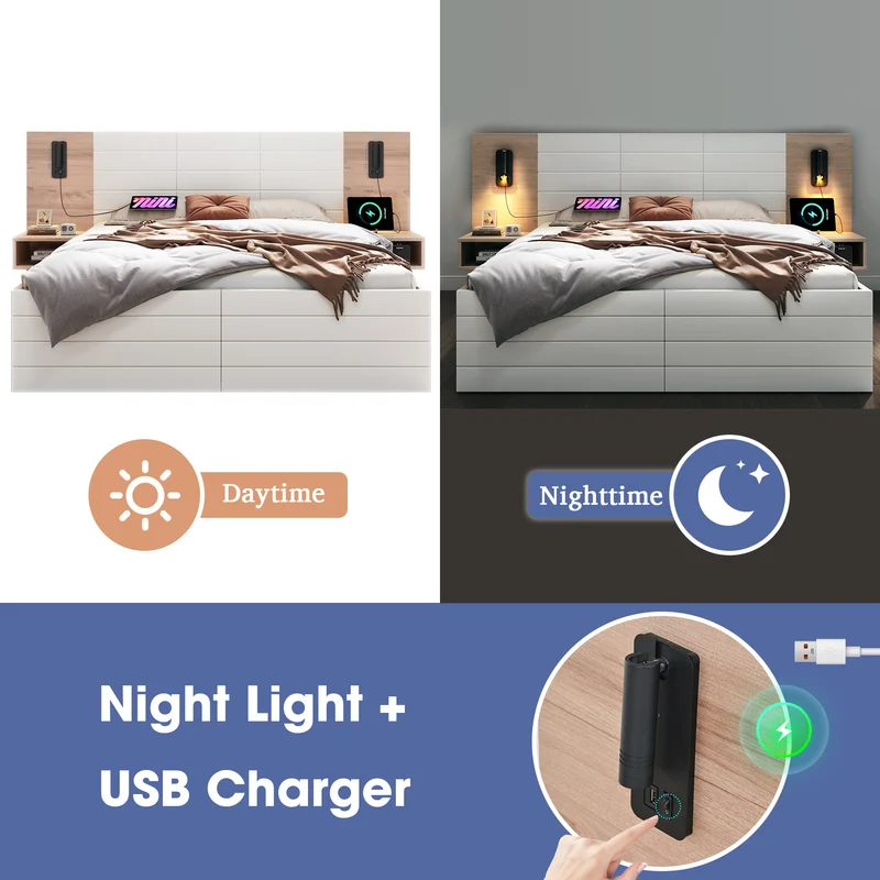 Lit queen effet bois et blanc avec 2 tiroirs, LED & USB, 2 tables de chevet 160x200cm INFINITEINFIN