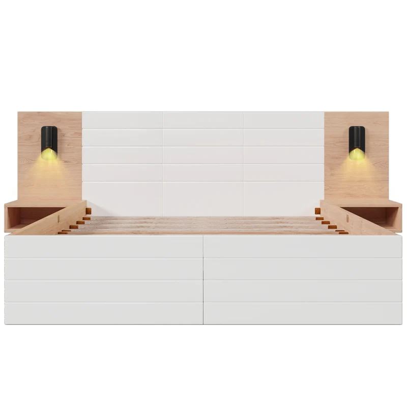 Lit queen effet bois et blanc avec 2 tiroirs, LED & USB, 2 tables de chevet 160x200cm INFINITEINFIN