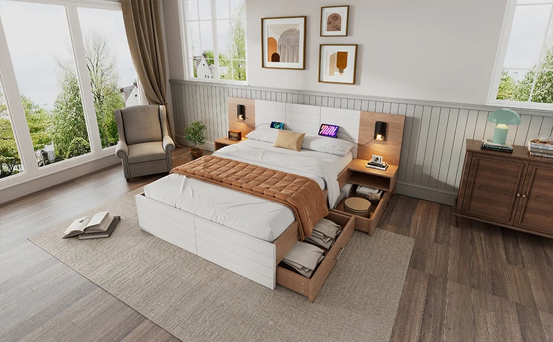 Lit queen effet bois et blanc avec 2 tiroirs, LED & USB, 2 tables de chevet 160x200cm INFINITEINFIN