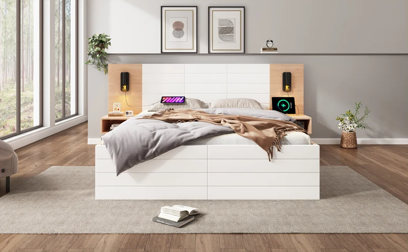 Lit queen effet bois et blanc avec 2 tiroirs, LED & USB, 2 tables de chevet 160x200cm INFINITEINFIN