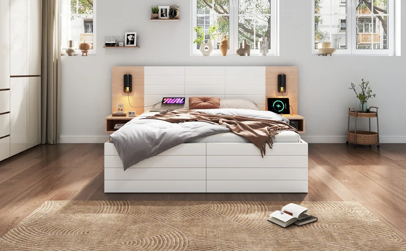 Lit queen effet bois et blanc avec 2 tiroirs, LED & USB, 2 tables de chevet 160x200cm INFINITEINFIN
