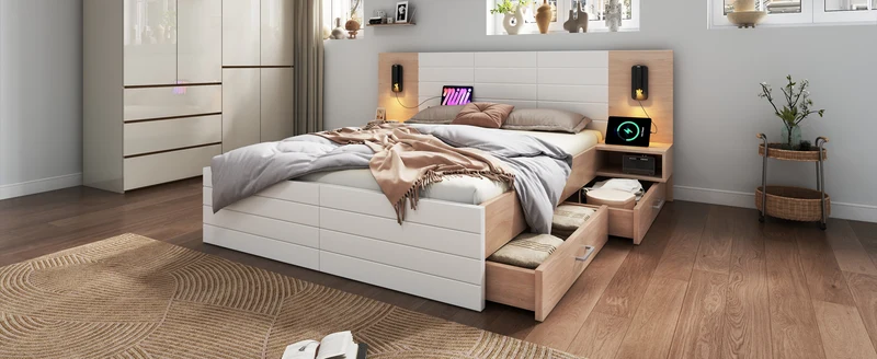Lit queen effet bois et blanc avec 2 tiroirs, LED & USB, 2 tables de chevet 160x200cm INFINITEINFIN