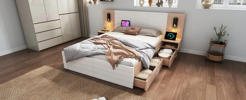 Lit queen effet bois et blanc avec 2 tiroirs, LED & USB, 2 tables de chevet 160x200cm INFINITEINFIN