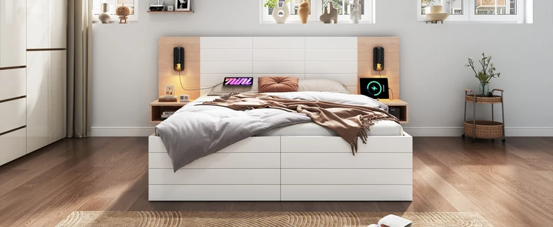 Lit queen effet bois et blanc avec 2 tiroirs, LED & USB, 2 tables de chevet 160x200cm INFINITEINFIN
