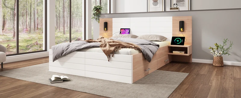 Lit queen effet bois et blanc avec 2 tiroirs, LED & USB, 2 tables de chevet 160x200cm INFINITEINFIN