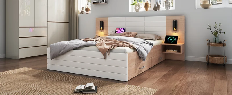 Lit queen effet bois et blanc avec 2 tiroirs, LED & USB, 2 tables de chevet 160x200cm INFINITEINFIN