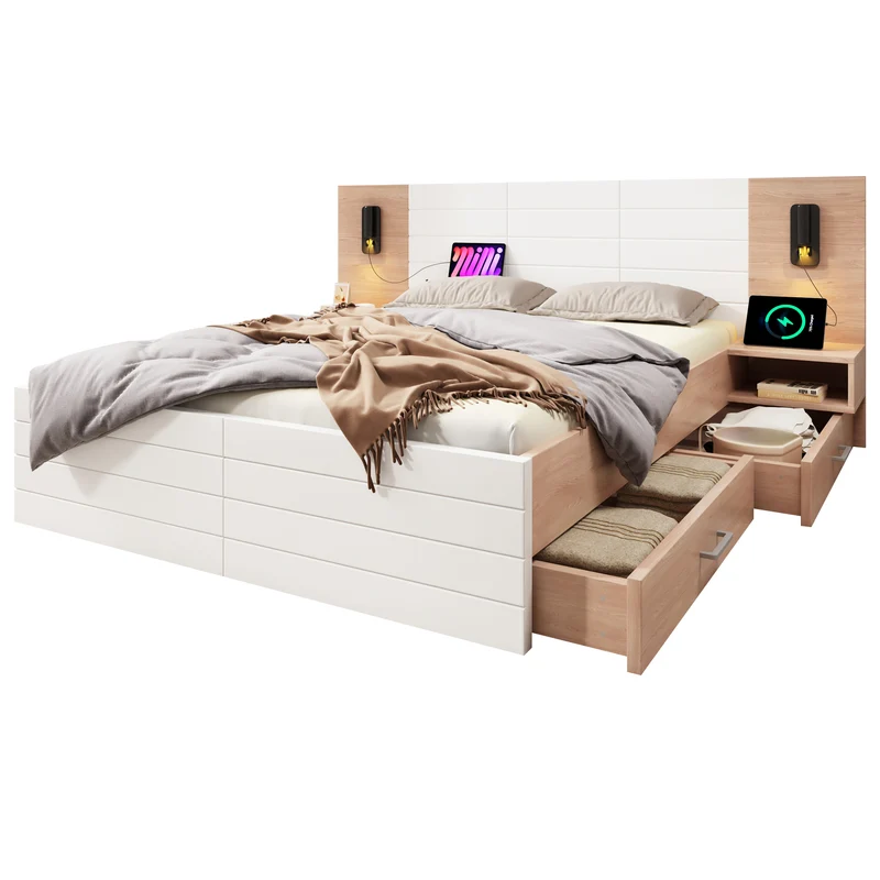 Lit queen effet bois et blanc avec 2 tiroirs, LED & USB, 2 tables de chevet 160x200cm INFINITEINFIN