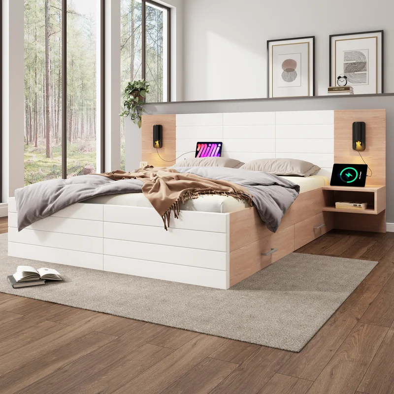 Lit queen effet bois et blanc avec 2 tiroirs, LED & USB, 2 tables de chevet 160x200cm INFINITEINFIN