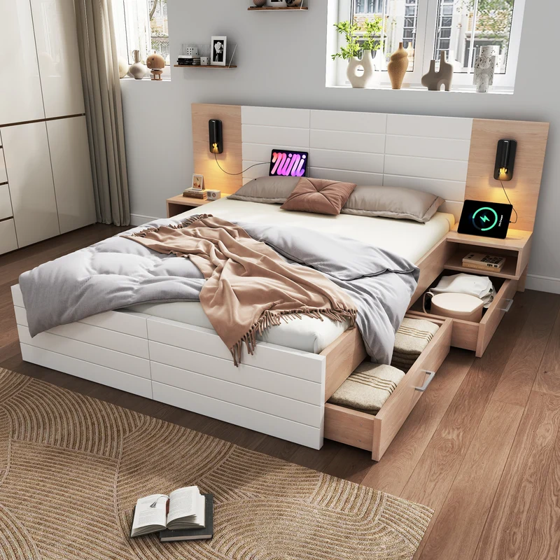 Lit queen effet bois et blanc avec 2 tiroirs, LED & USB, 2 tables de chevet 160x200cm INFINITEINFIN