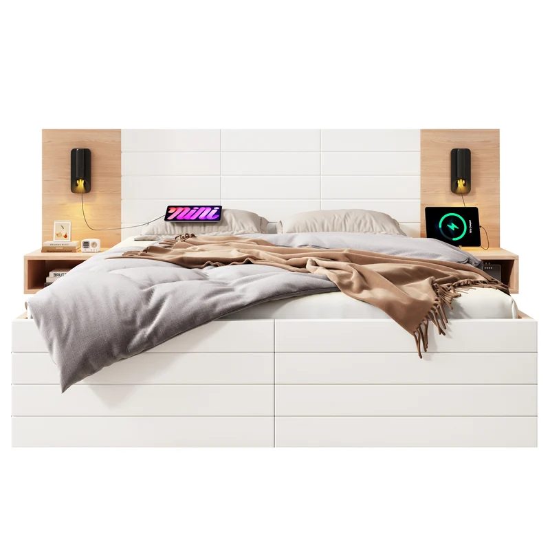 Lit queen effet bois et blanc avec 2 tiroirs, LED & USB, 2 tables de chevet 160x200cm INFINITEINFIN