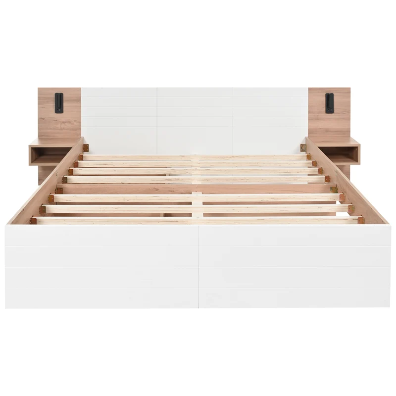 Lit queen effet bois et blanc avec 2 tiroirs, LED & USB, 2 tables de chevet 160x200cm INFINITEINFIN
