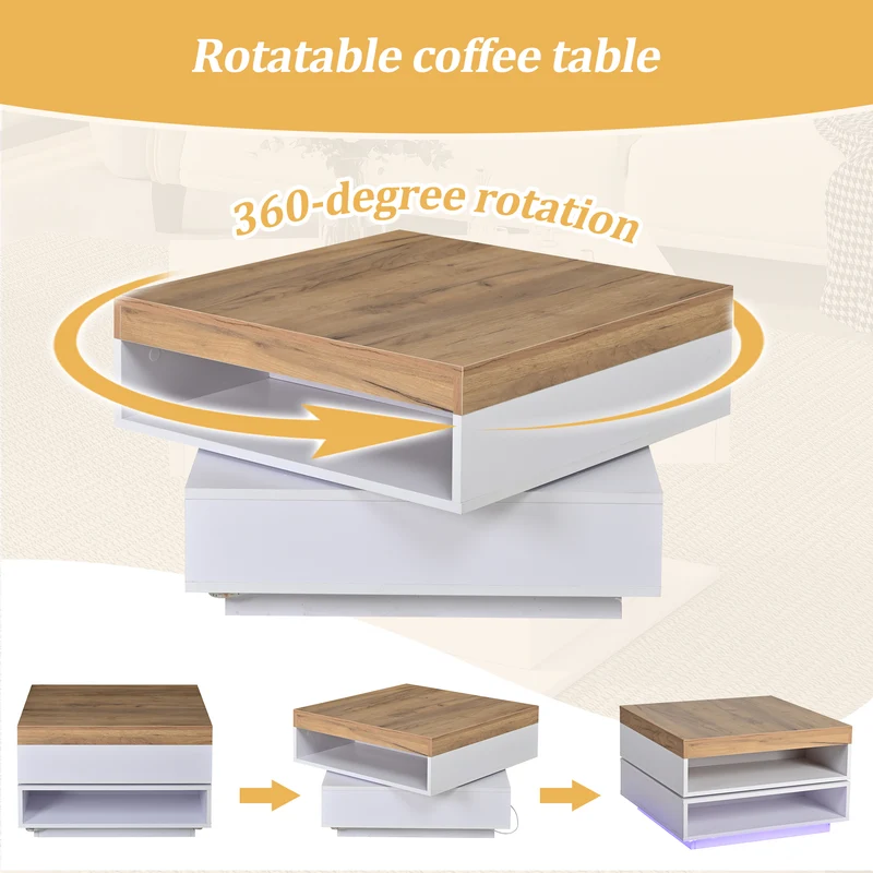 Table basse effet bois carrée pivotant 360° avec LED 65x65x40cm MERIDIANMOMENT