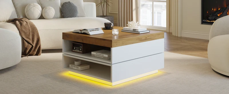 Table basse effet bois carrée pivotant 360° avec LED 65x65x40cm MERIDIANMOMENT