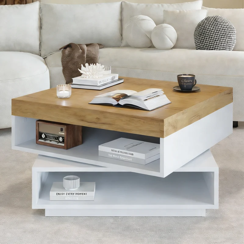 Table basse effet bois carrée pivotant 360° avec LED 65x65x40cm MERIDIANMOMENT