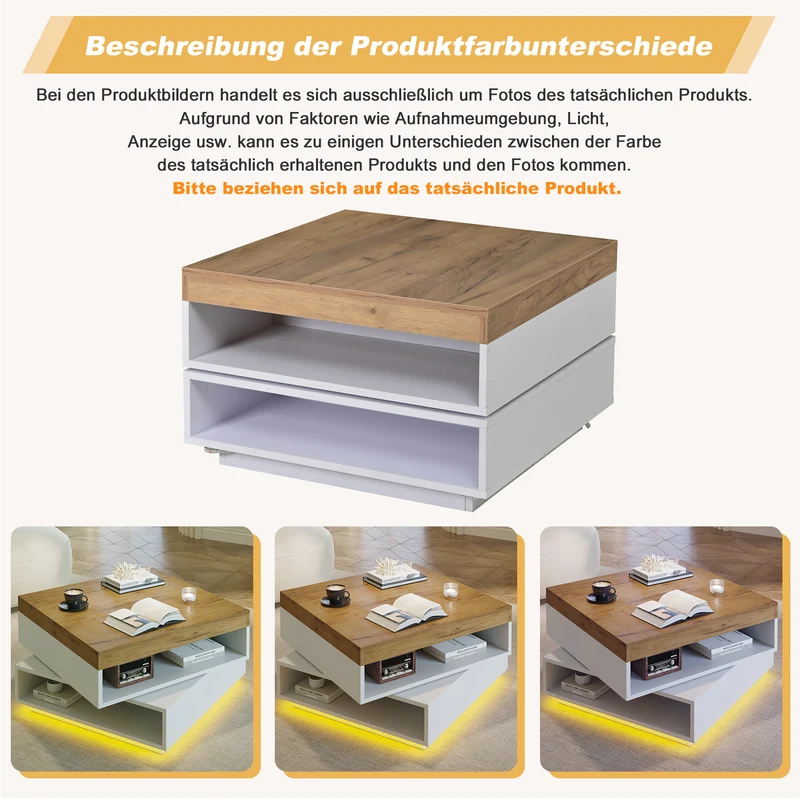 Table basse effet bois carrée pivotant 360° avec LED 65x65x40cm MERIDIANMOMENT
