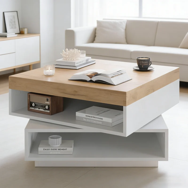 Table basse effet bois carrée pivotant 360° avec LED 65x65x40cm MERIDIANMOMENT