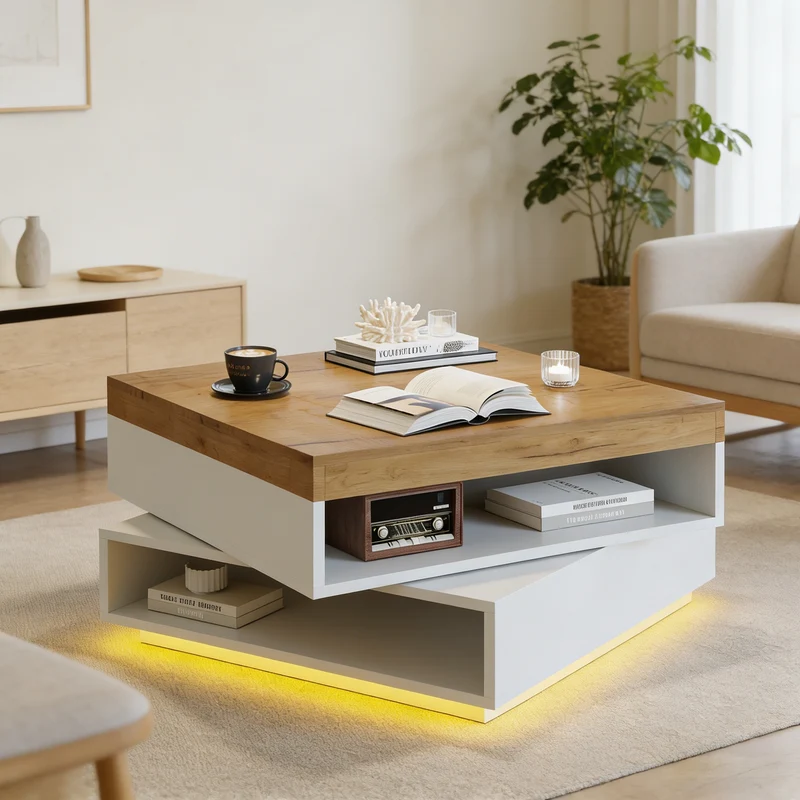 Table basse effet bois carrée pivotant 360° avec LED 65x65x40cm MERIDIANMOMENT