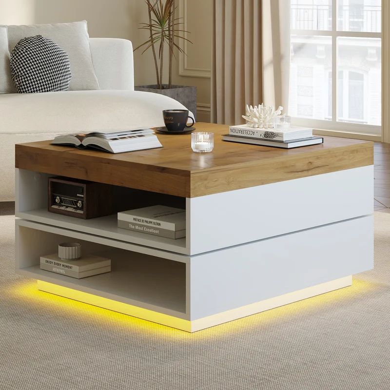 Table basse effet bois carrée pivotant 360° avec LED 65x65x40cm MERIDIANMOMENT