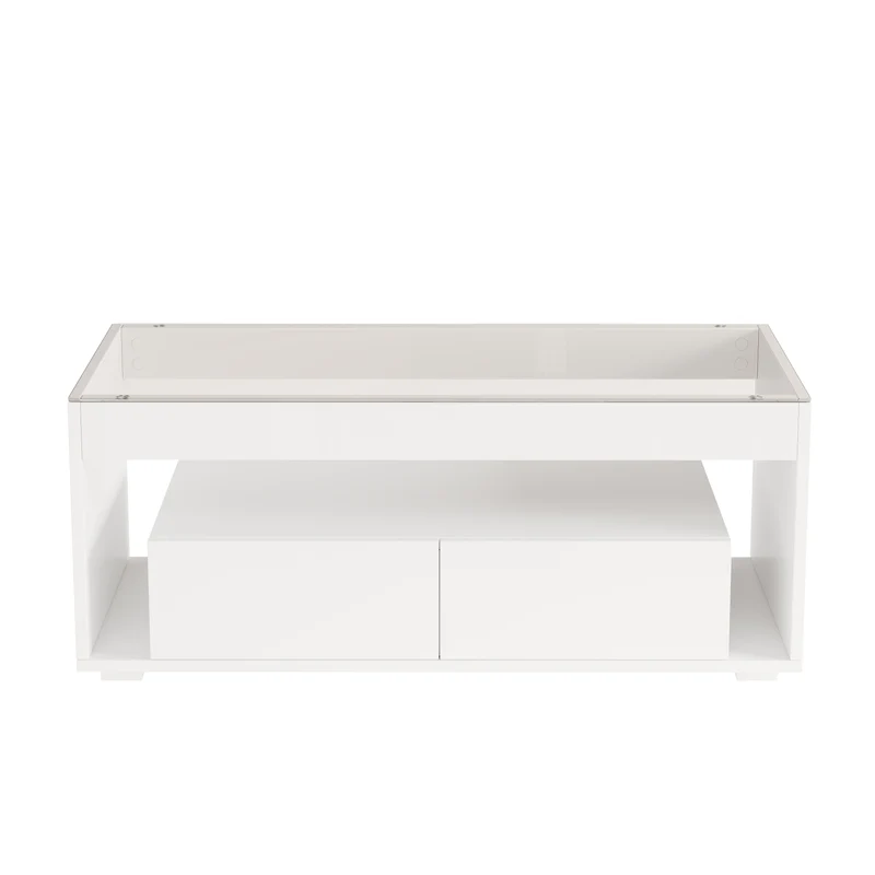 Table basse blanche en verre 2 tiroirs avec éclairage LED 100x50cm GEODYNAMO