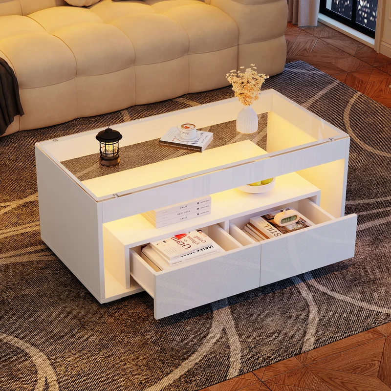 Table basse blanche en verre 2 tiroirs avec éclairage LED 100x50cm GEODYNAMO