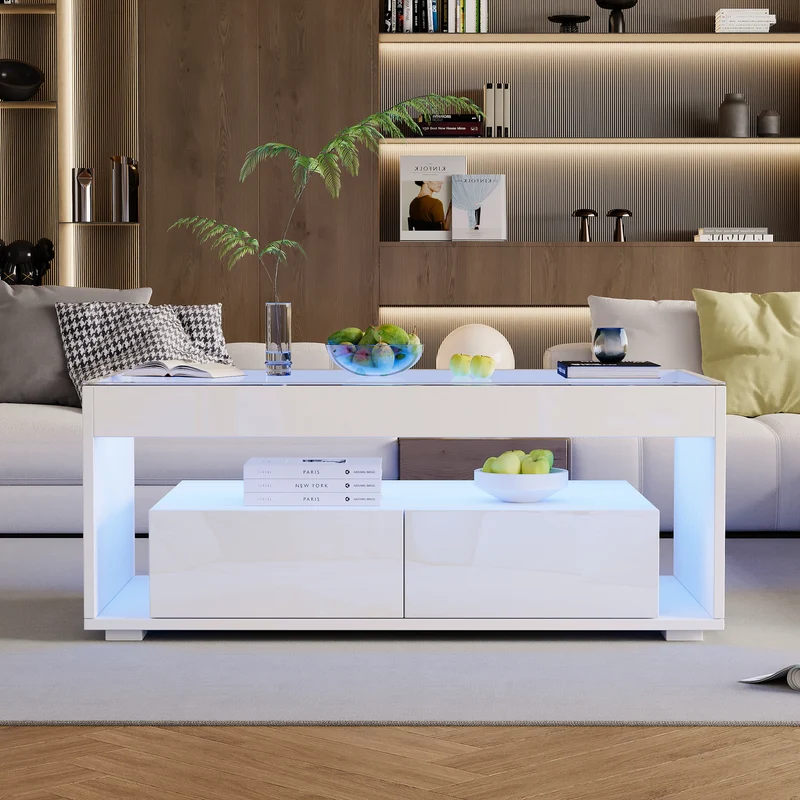 Table basse blanche en verre 2 tiroirs avec éclairage LED 100x50cm GEODYNAMO