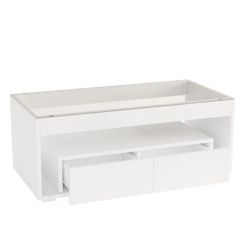 Table basse blanche en verre 2 tiroirs avec éclairage LED 100x50cm GEODYNAMO