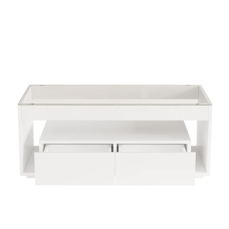 Table basse blanche en verre 2 tiroirs avec éclairage LED 100x50cm GEODYNAMO