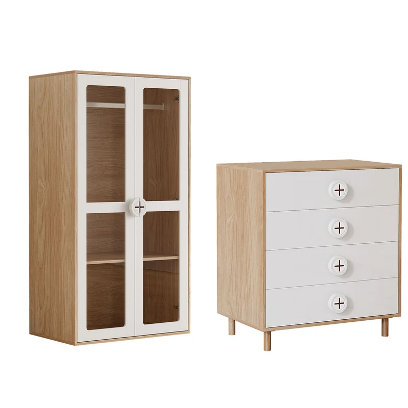 Ensemble de armoire portes vitrées + commode 4 tiroirs bicolores BOMBYX