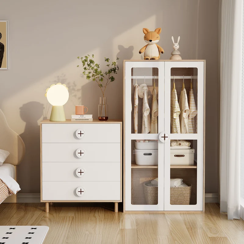 Ensemble de armoire portes vitrées + commode 4 tiroirs bicolores BOMBYX