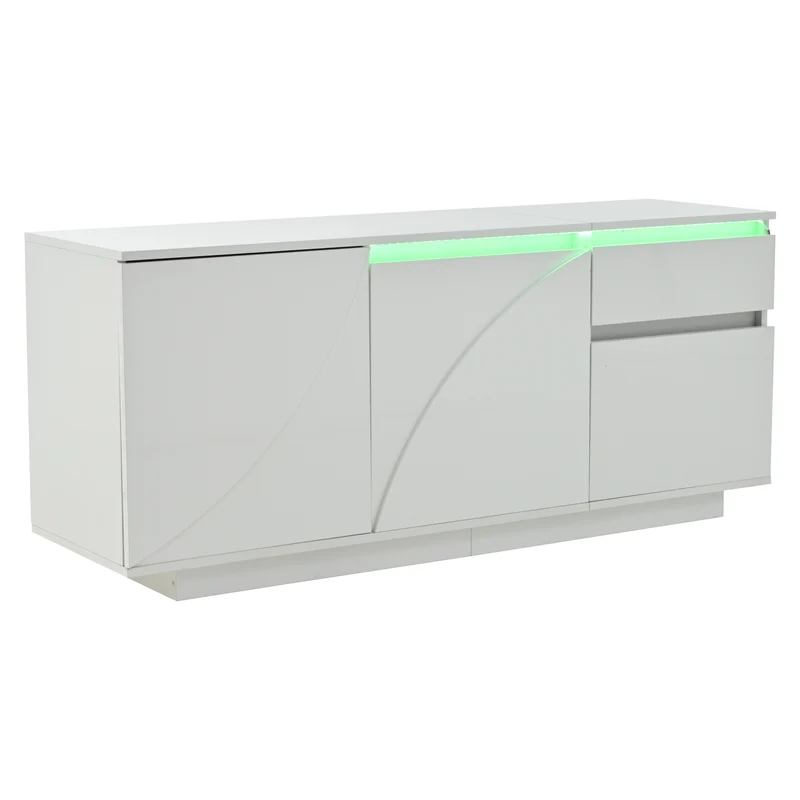 Buffet moderne blanc brillant motif géométrique 3 portes et éclairage LED GRASSPHYT