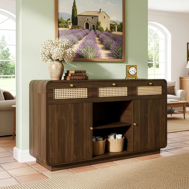 Buffet rétro effet noyer 3 tiroirs en rotin tressé, 2 portes et compartiment ouvert COFACTOR