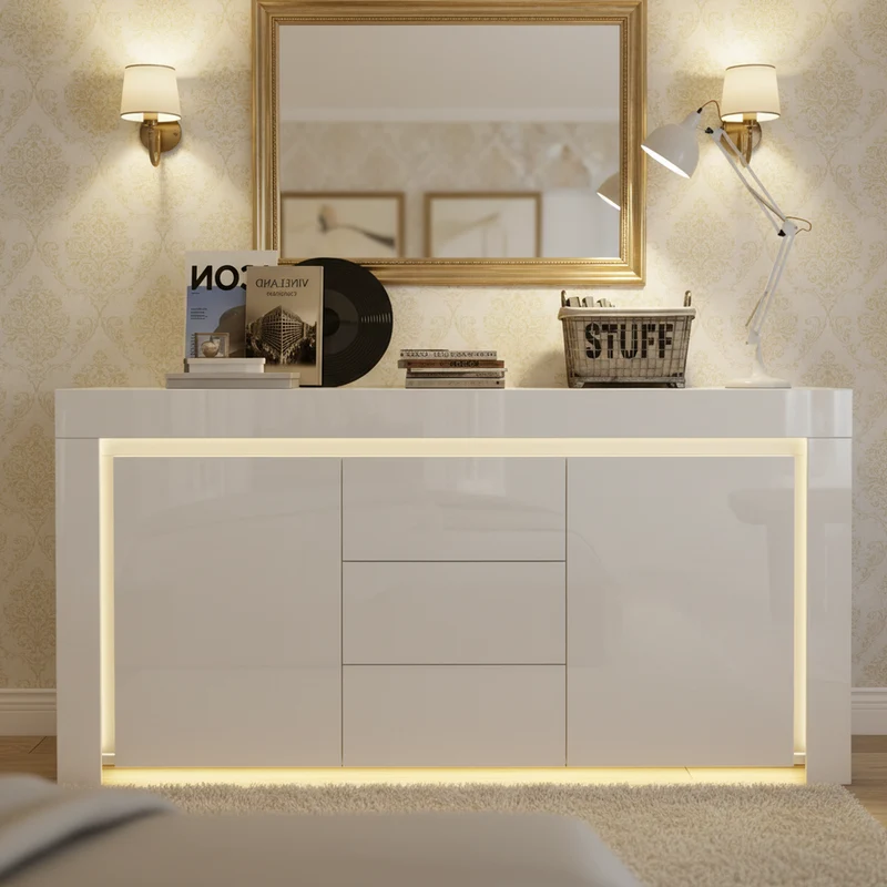Buffet blanc laqué brillant avec éclairage LED 2 portes 3 tiroirs EUGLENOID