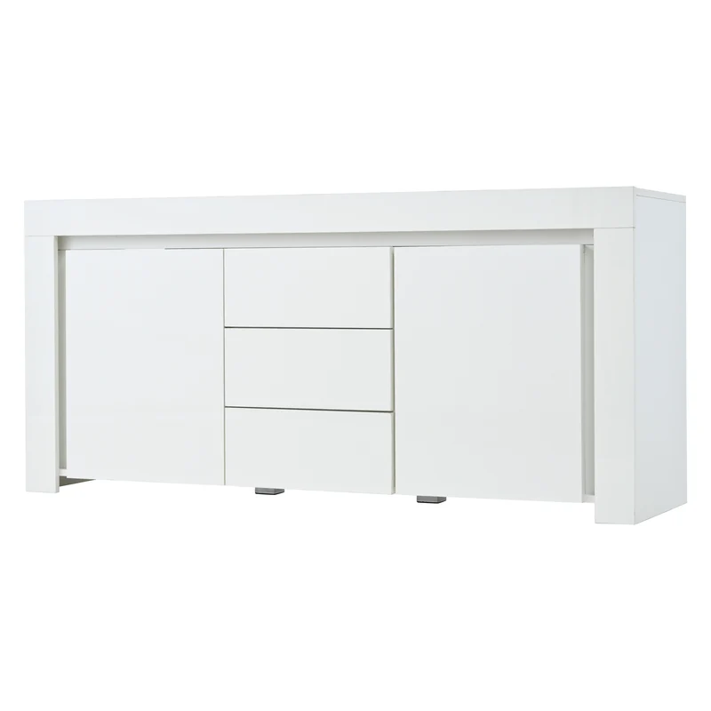 Buffet blanc laqué brillant avec éclairage LED 2 portes 3 tiroirs EUGLENOID