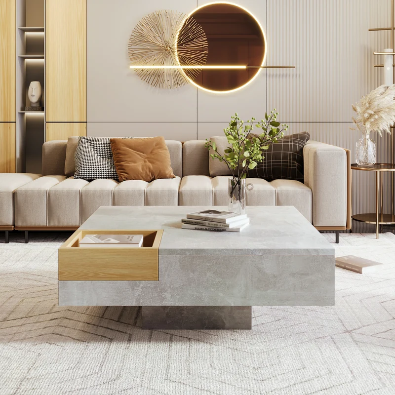 Table basse carré moderne effet béton gris et une boit de rangement bois nature 72*72*30 CROKS