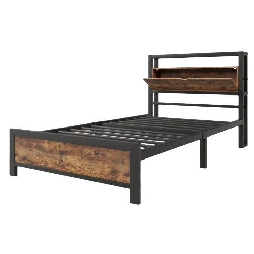Lit simple industriel avec tête de lit rangement effet bois noyer et noir 90x200cm IKKIEL
