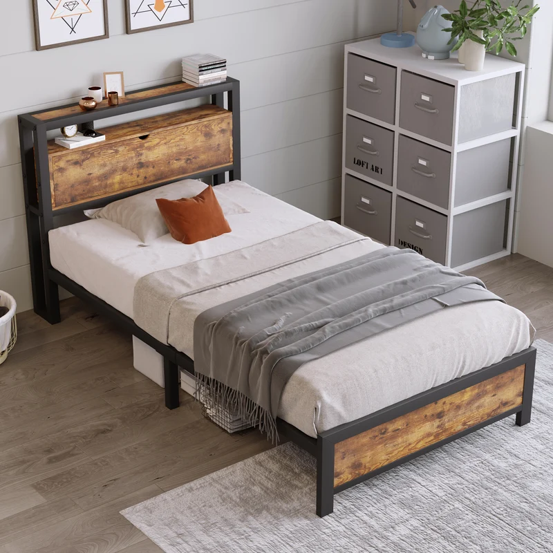 Lit simple industriel avec tête de lit rangement effet bois noyer et noir 90x200cm IKKIEL
