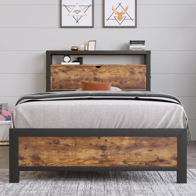 Lit simple industriel avec tête de lit rangement effet bois noyer et noir 90x200cm IKKIEL